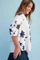 Navy Floral Embroidered Button-Down Top