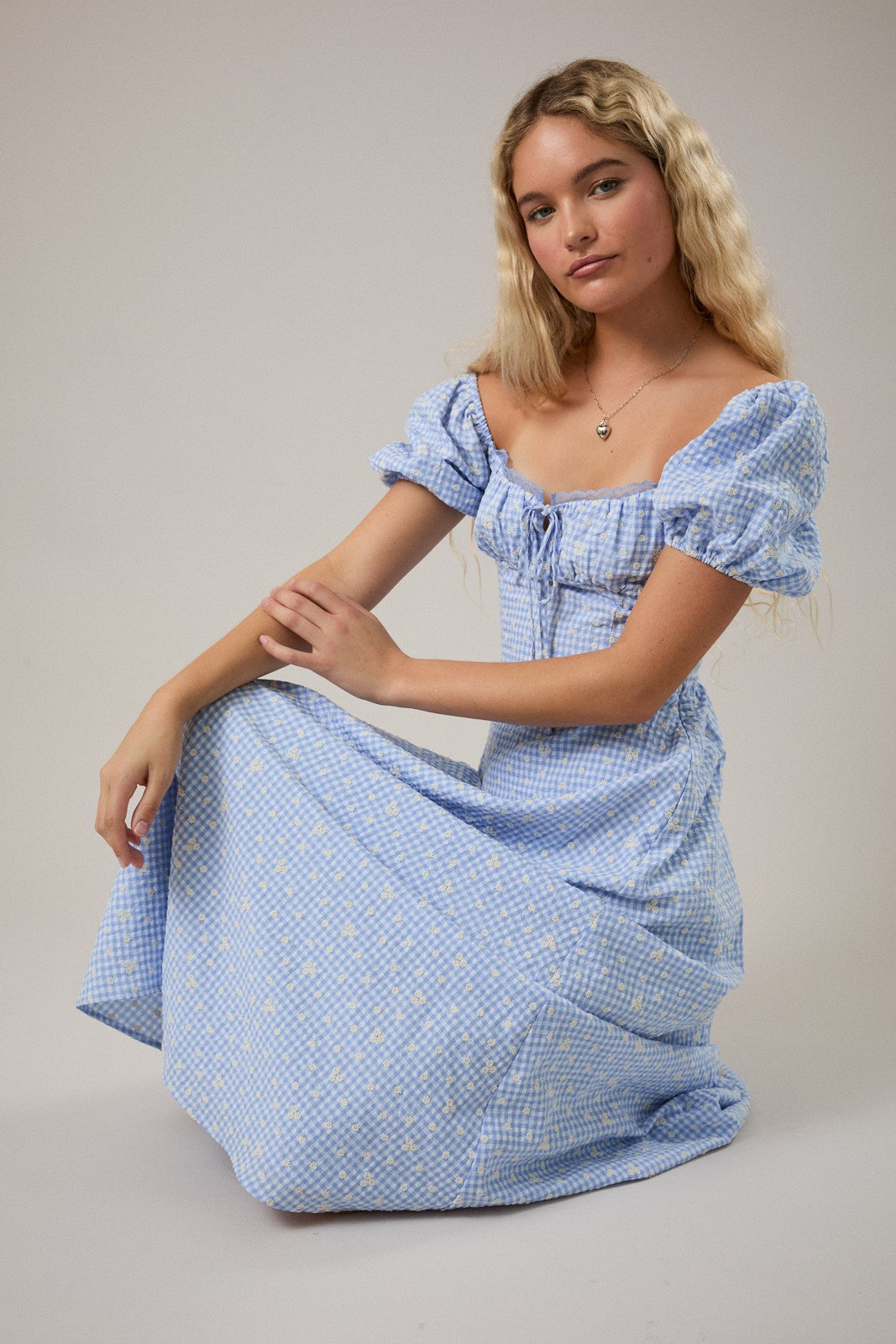 Embroidered Gingham Midi Dress