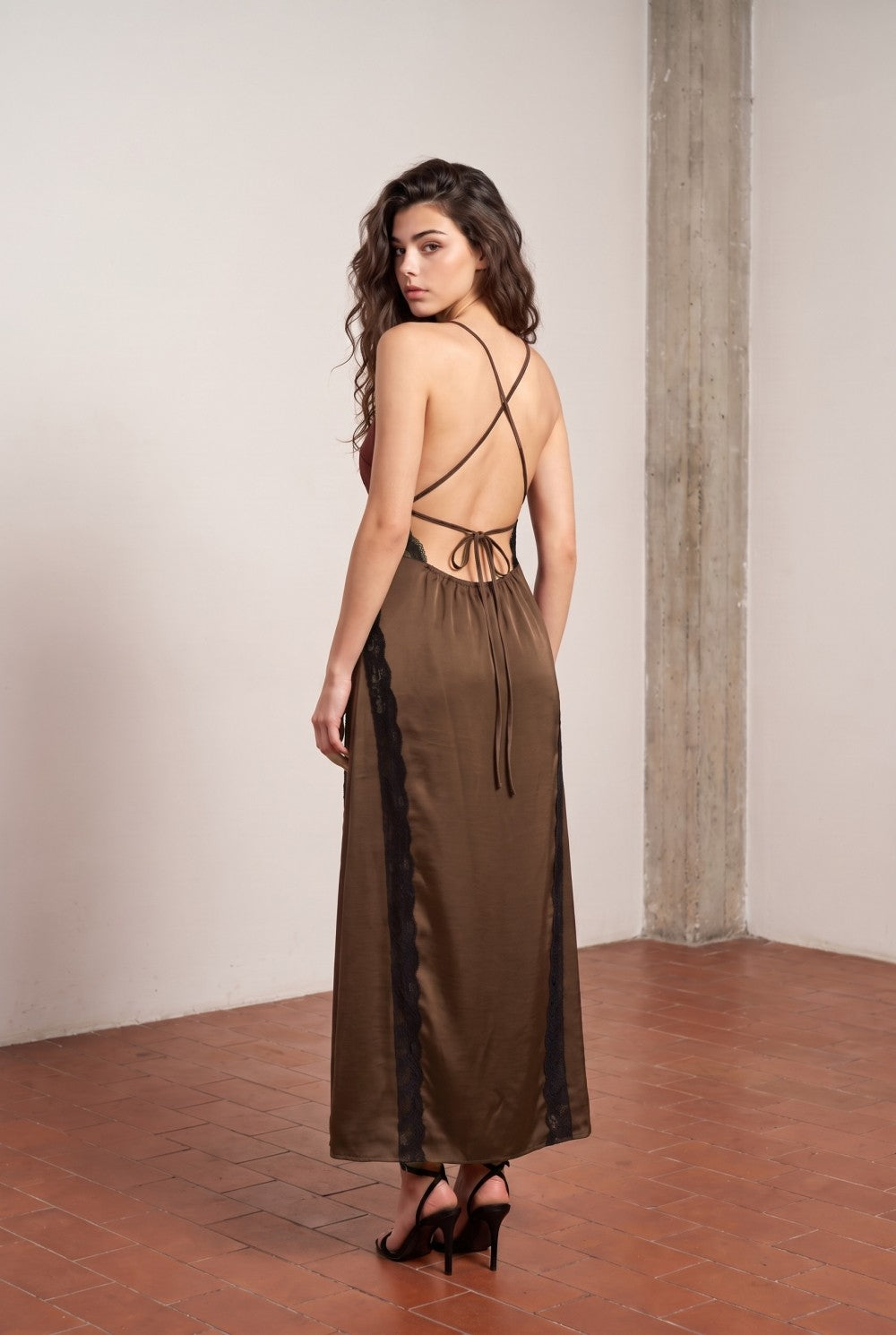 Lace Insert Satin Maxi Dress