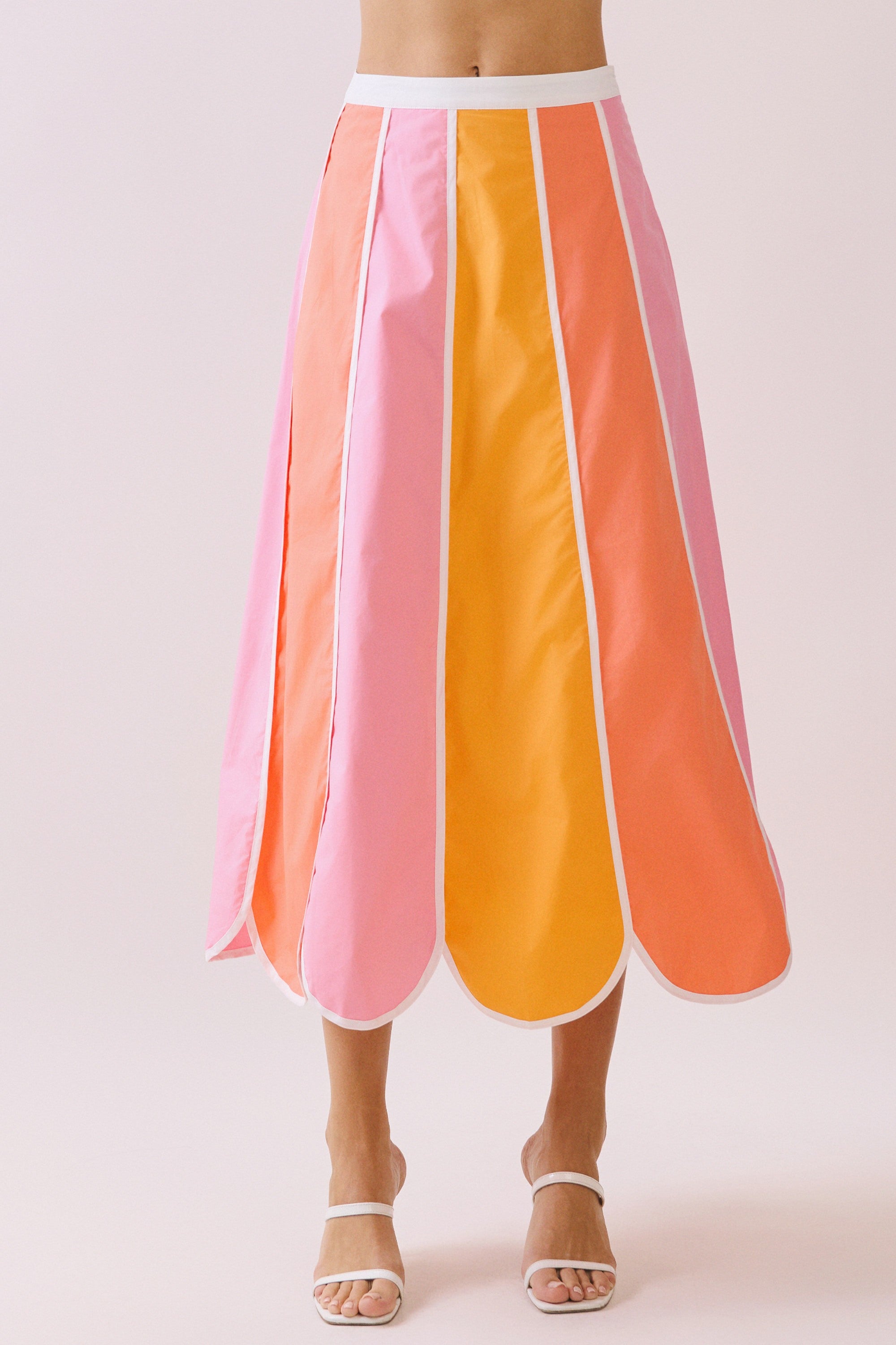 Color Block Scallop Midi Skirt