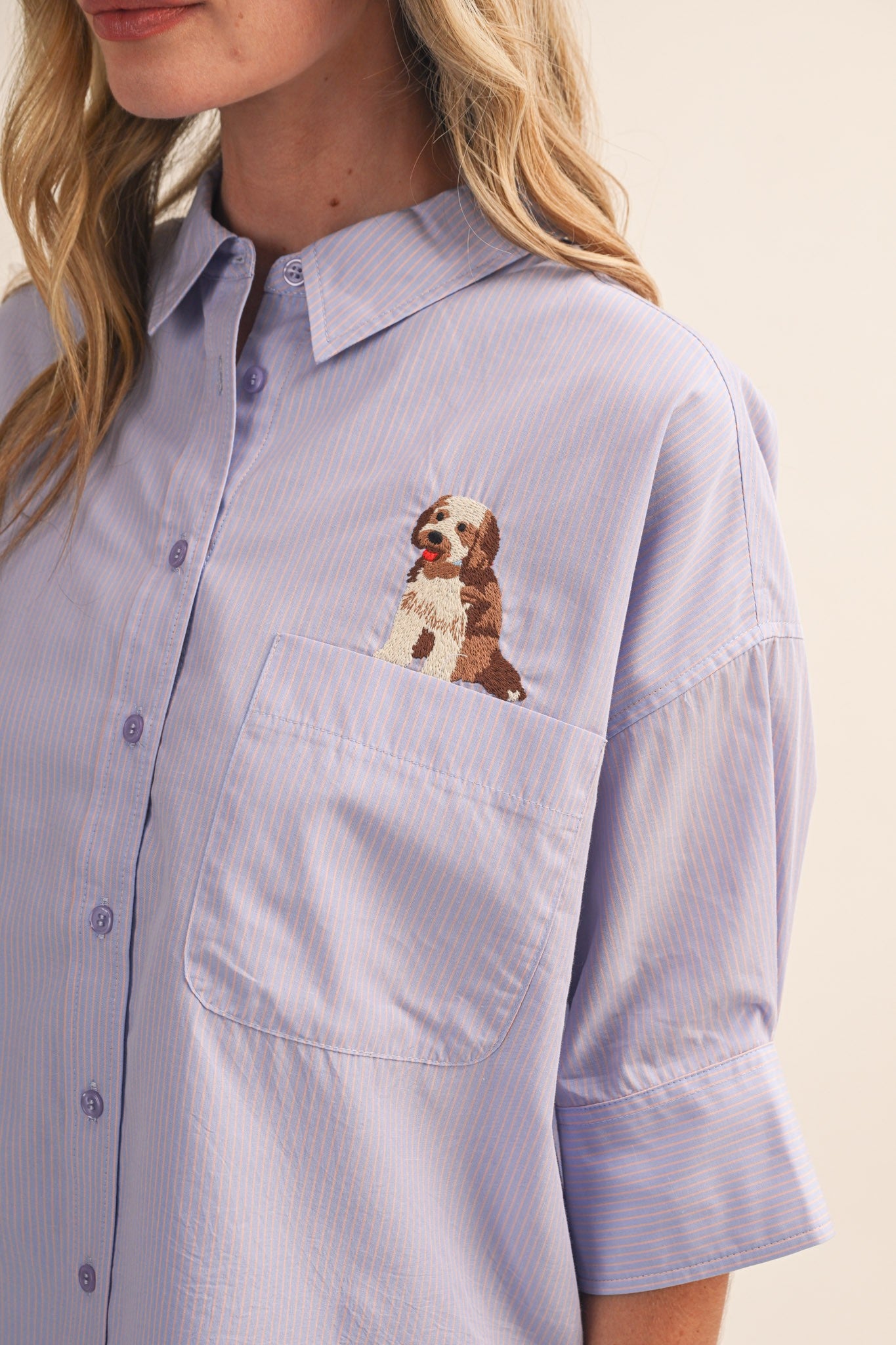 Striped Button Down Top with Dog Embroidery