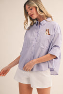 Striped Button Down Top with Dog Embroidery