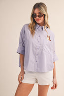 Striped Button Down Top with Dog Embroidery