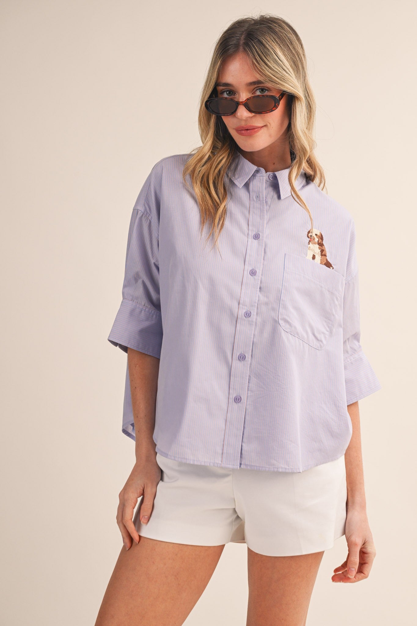 Striped Button Down Top with Dog Embroidery