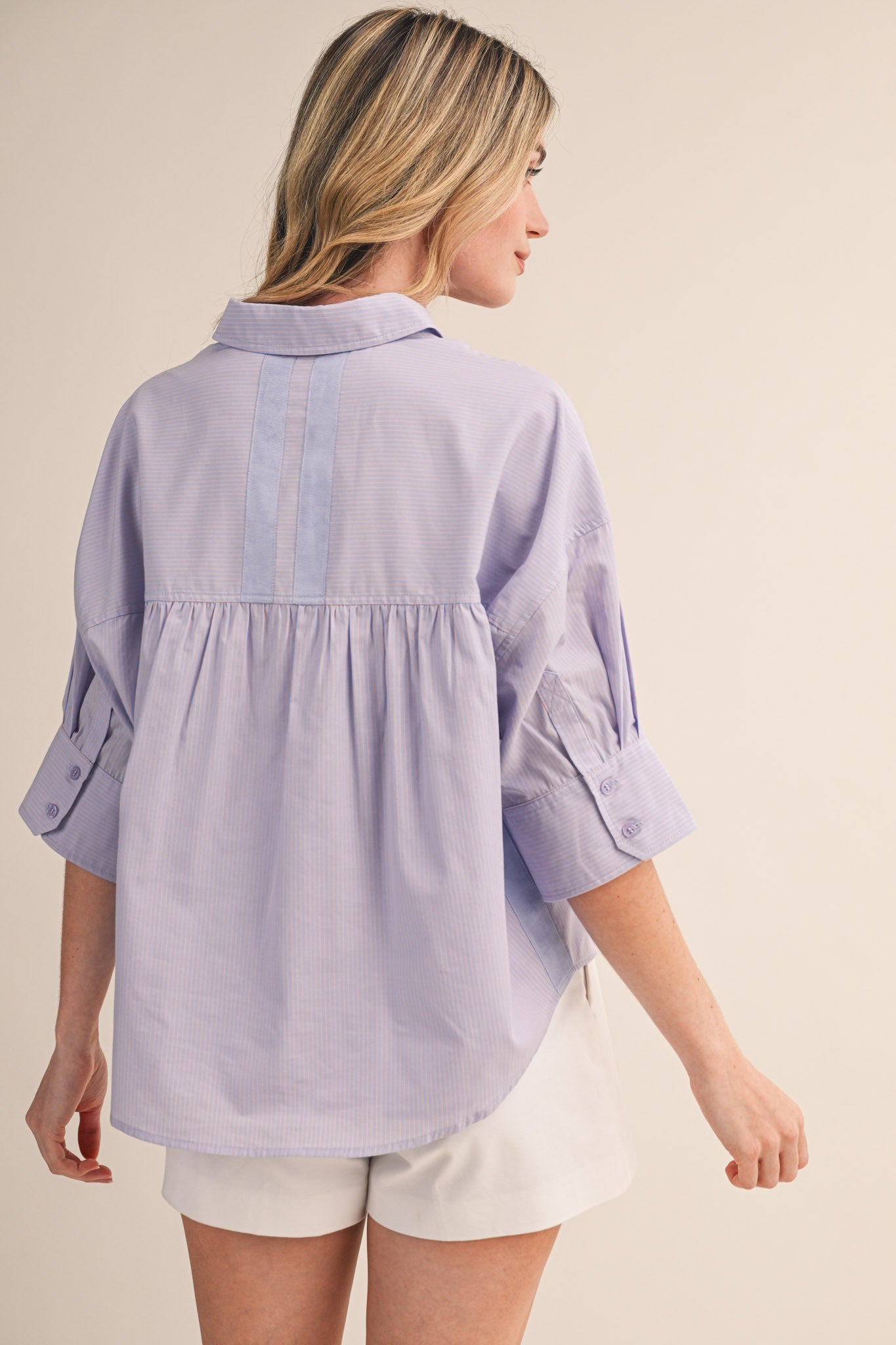 Striped Button Down Top with Dog Embroidery