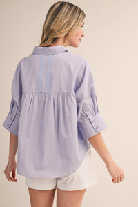 Striped Button Down Top with Dog Embroidery