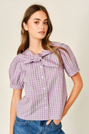 Collar Plaid Puff Sleeve Blouse