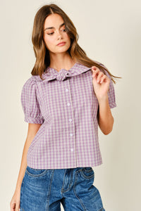 Collar Plaid Puff Sleeve Blouse