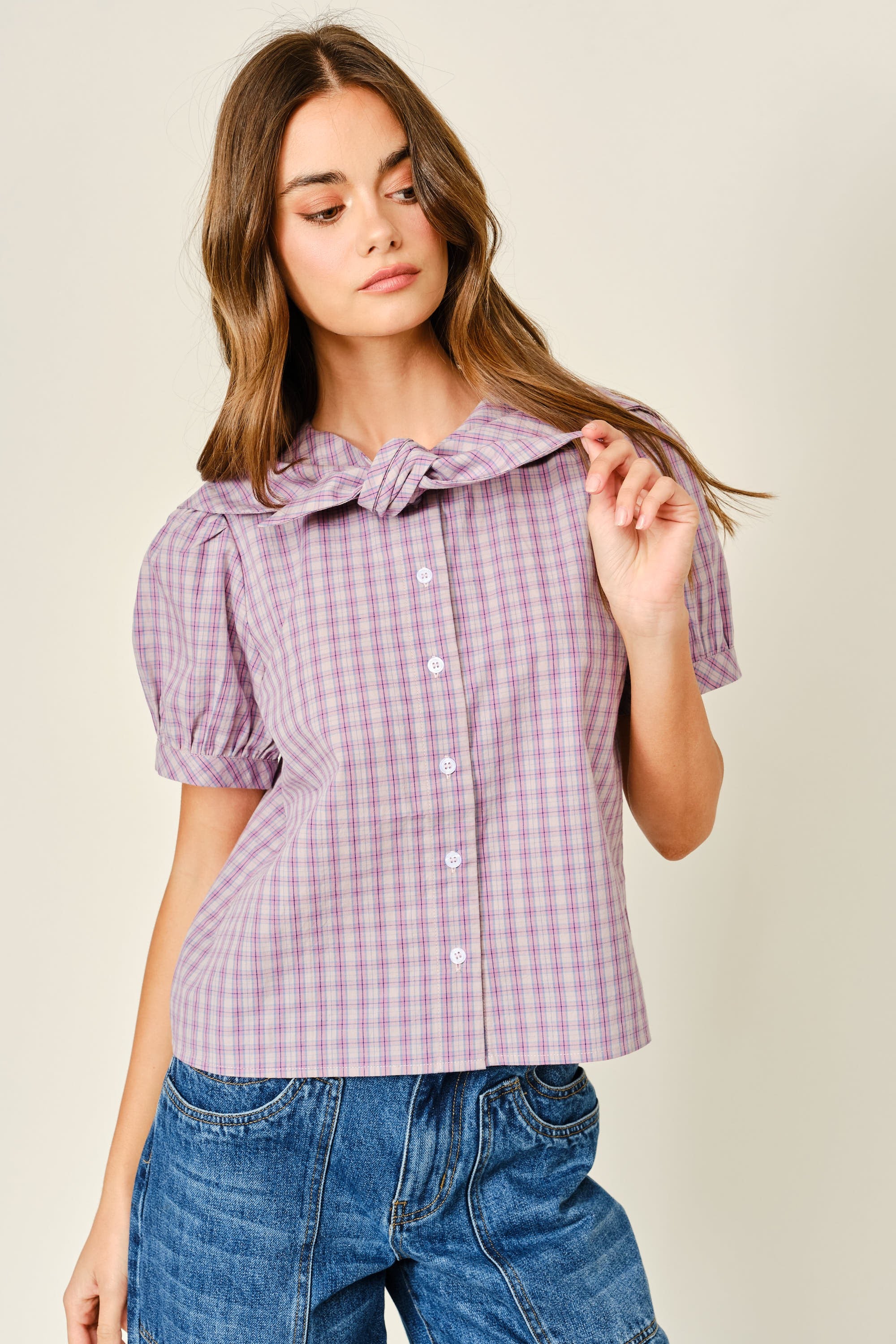Collar Plaid Puff Sleeve Blouse