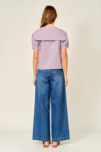Collar Plaid Puff Sleeve Blouse