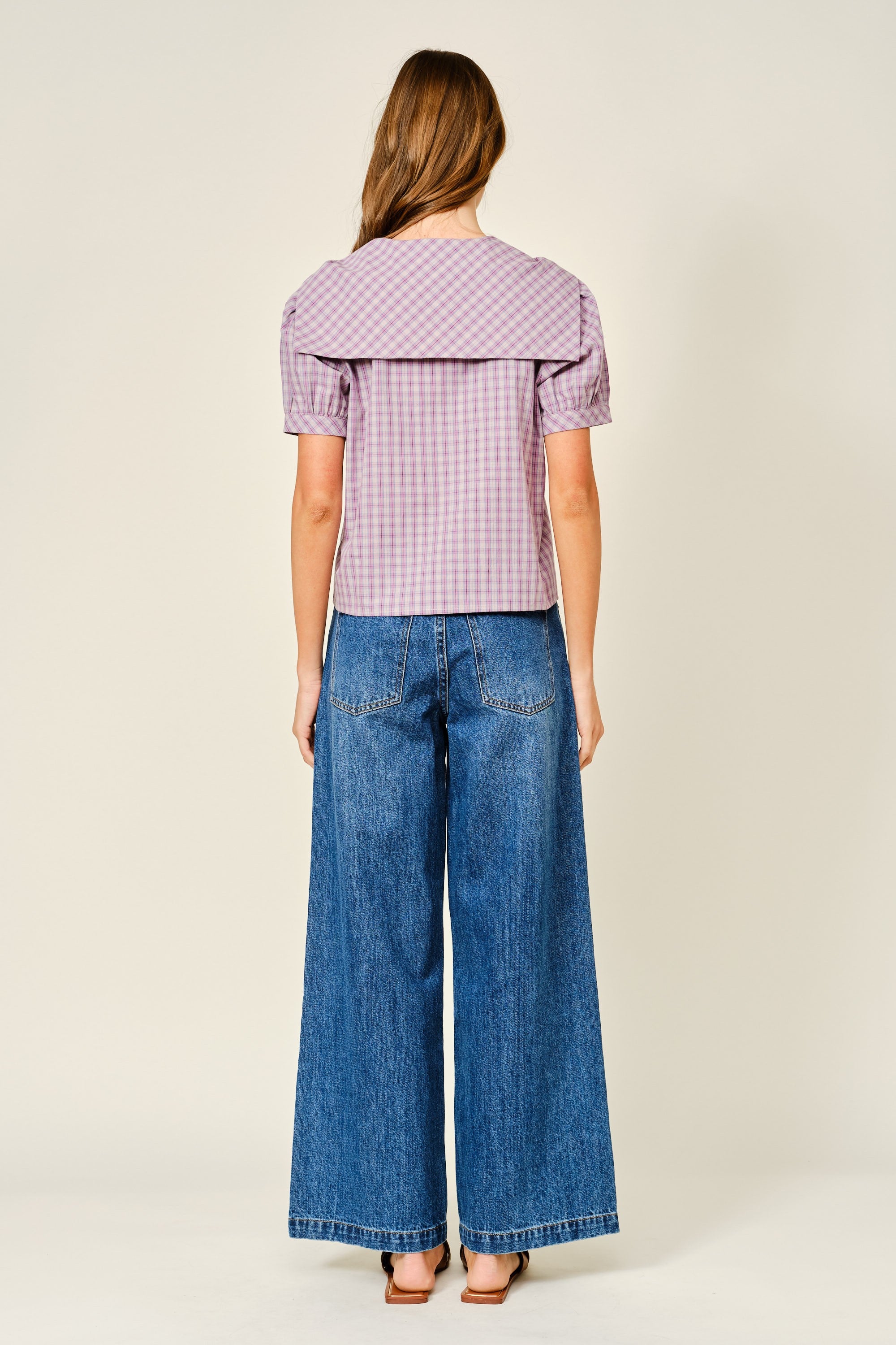 Collar Plaid Puff Sleeve Blouse