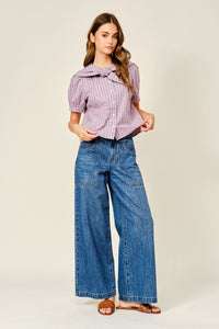 Collar Plaid Puff Sleeve Blouse