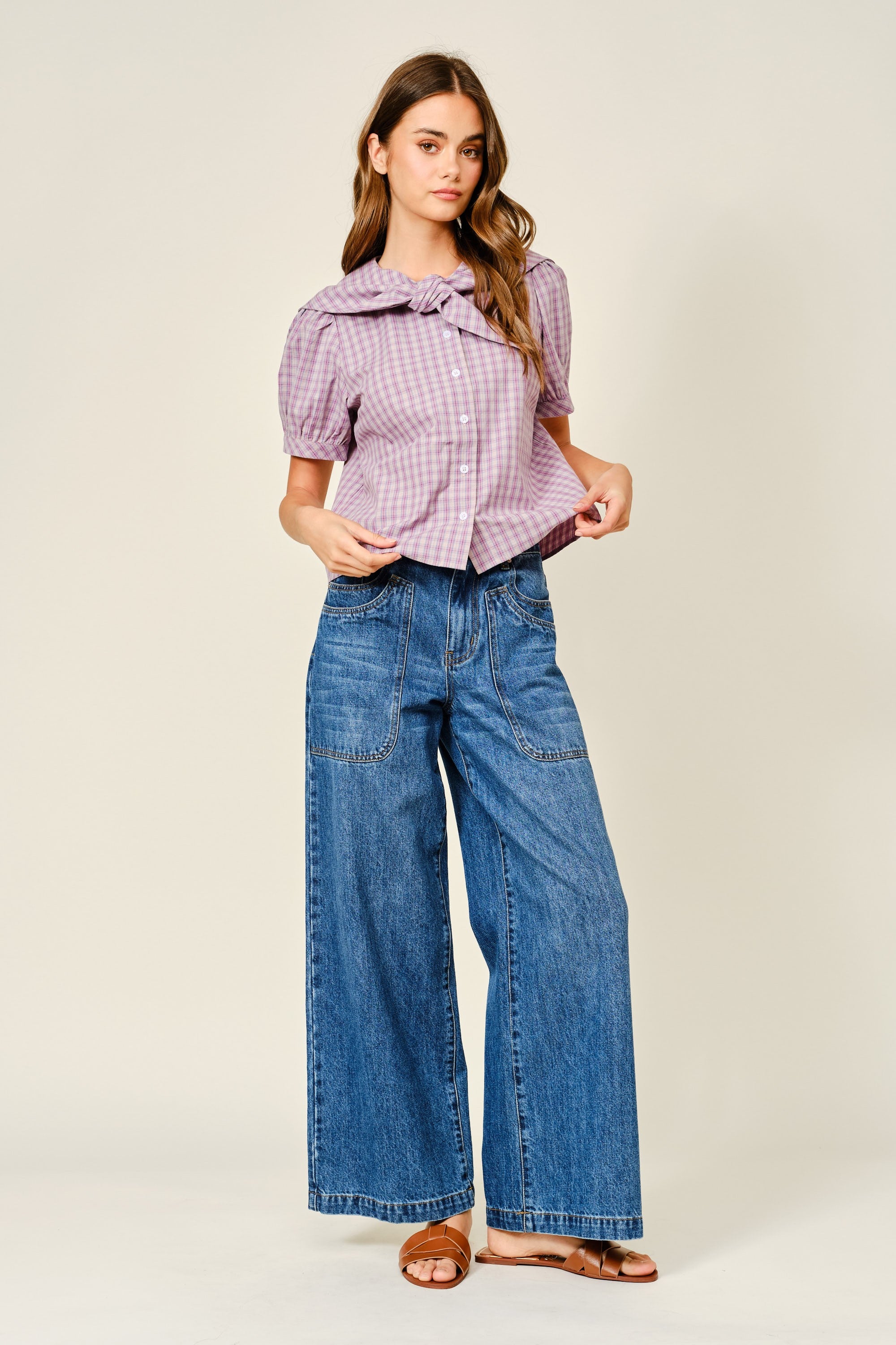 Collar Plaid Puff Sleeve Blouse