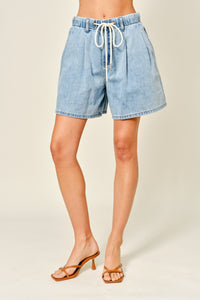 Wide Leg Pleated Denim Shorts