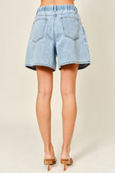 Wide Leg Pleated Denim Shorts