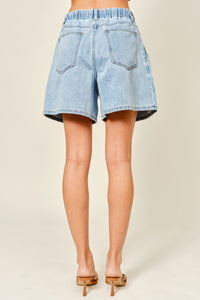Wide Leg Pleated Denim Shorts