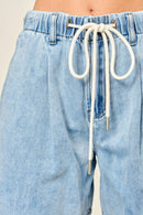 Wide Leg Pleated Denim Shorts