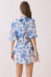 Floral Puff Sleeve Mini Dress with Scarf