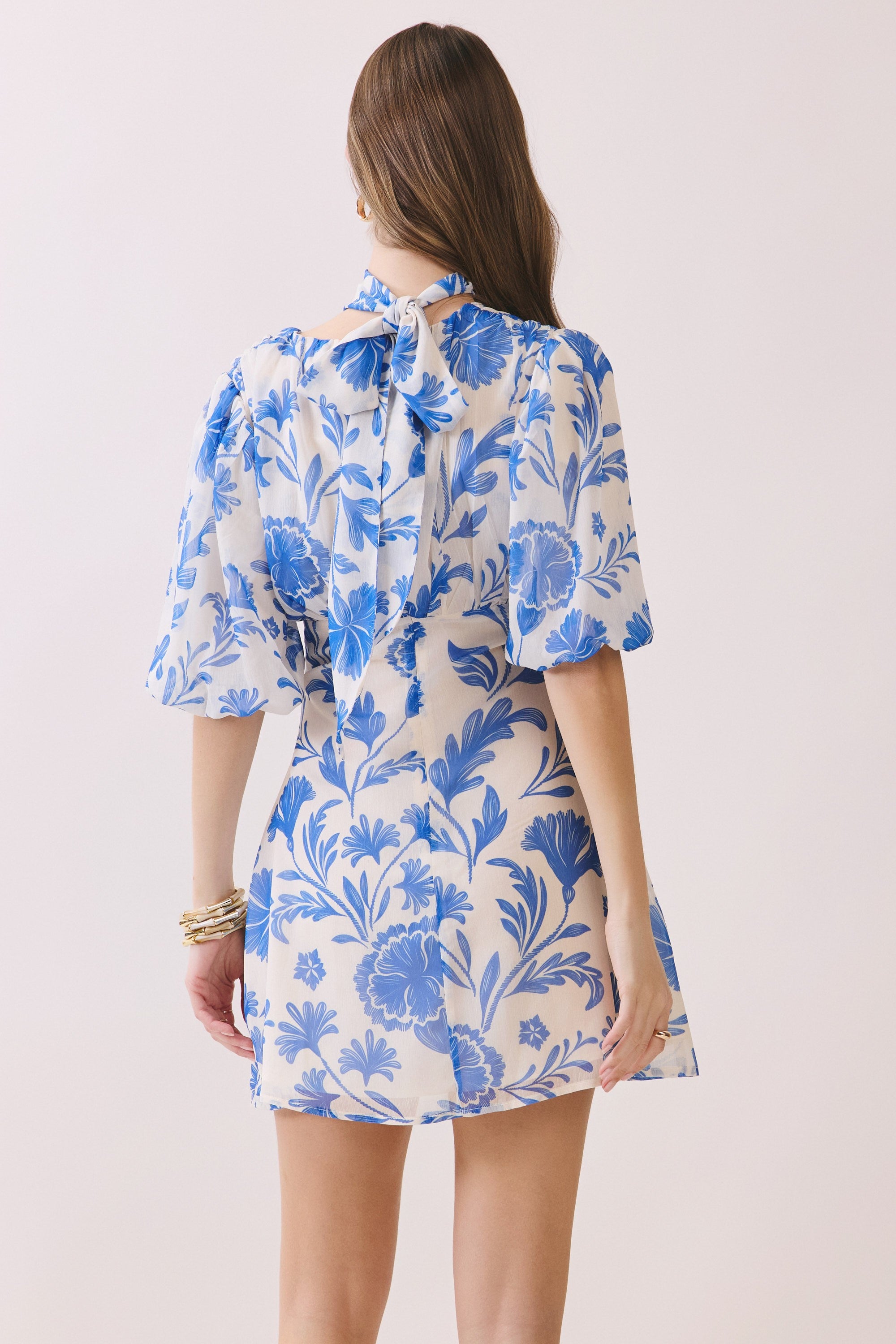 Floral Puff Sleeve Mini Dress with Scarf