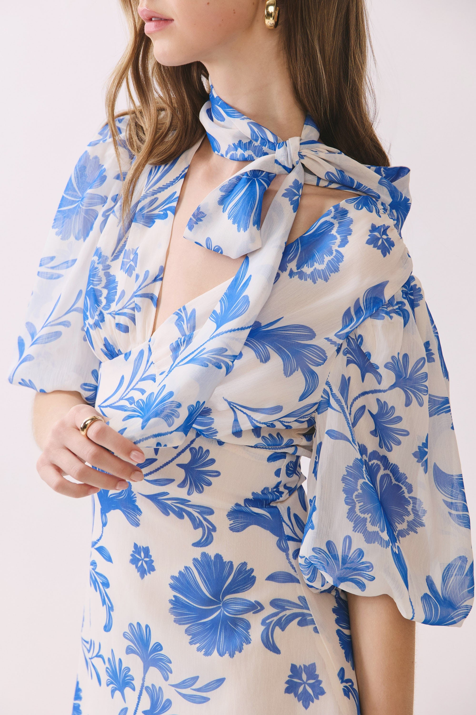 Floral Puff Sleeve Mini Dress with Scarf
