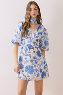 Floral Puff Sleeve Mini Dress with Scarf