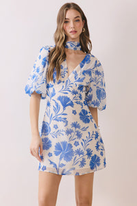 Floral Puff Sleeve Mini Dress with Scarf