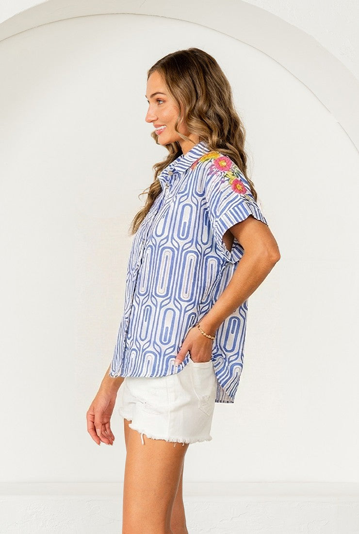 Embroidered Shoulder Geometric Blouse