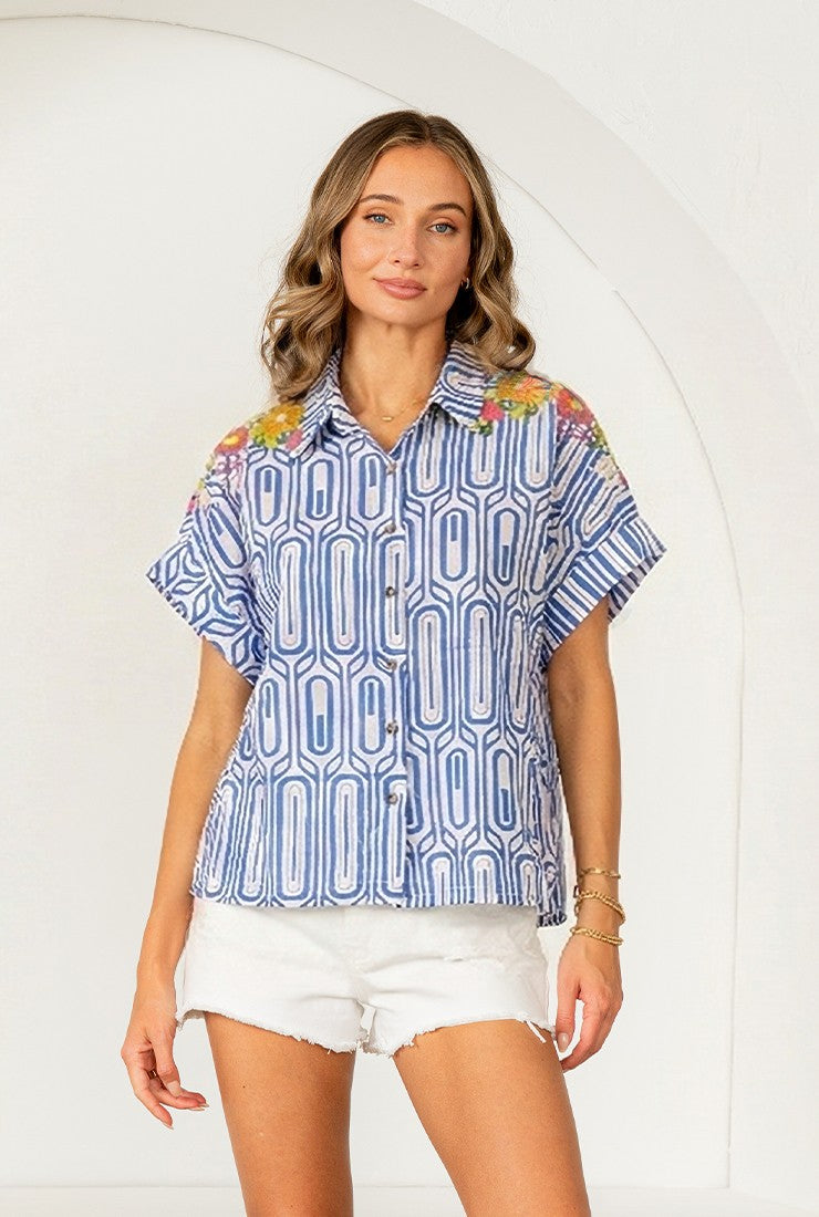 Embroidered Shoulder Geometric Blouse