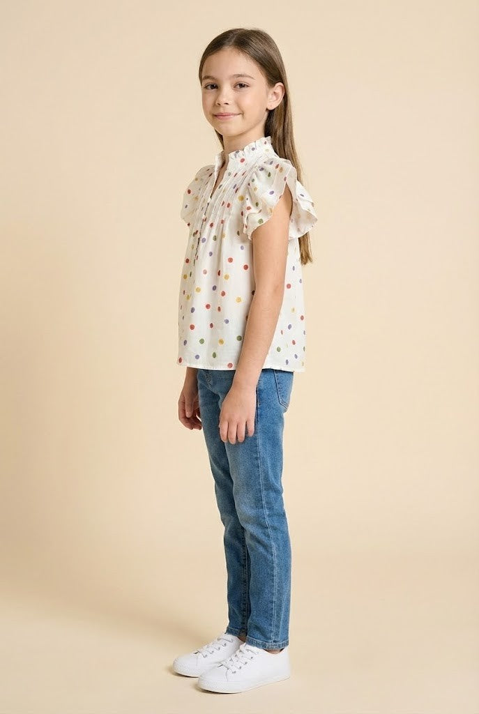 Girls Multicolor Polka Dot Pleated Blouse