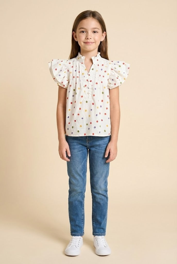 Girls Multicolor Polka Dot Pleated Blouse