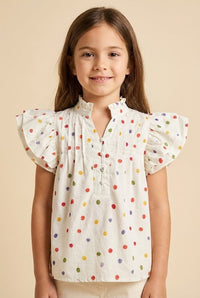 Girls Multicolor Polka Dot Pleated Blouse