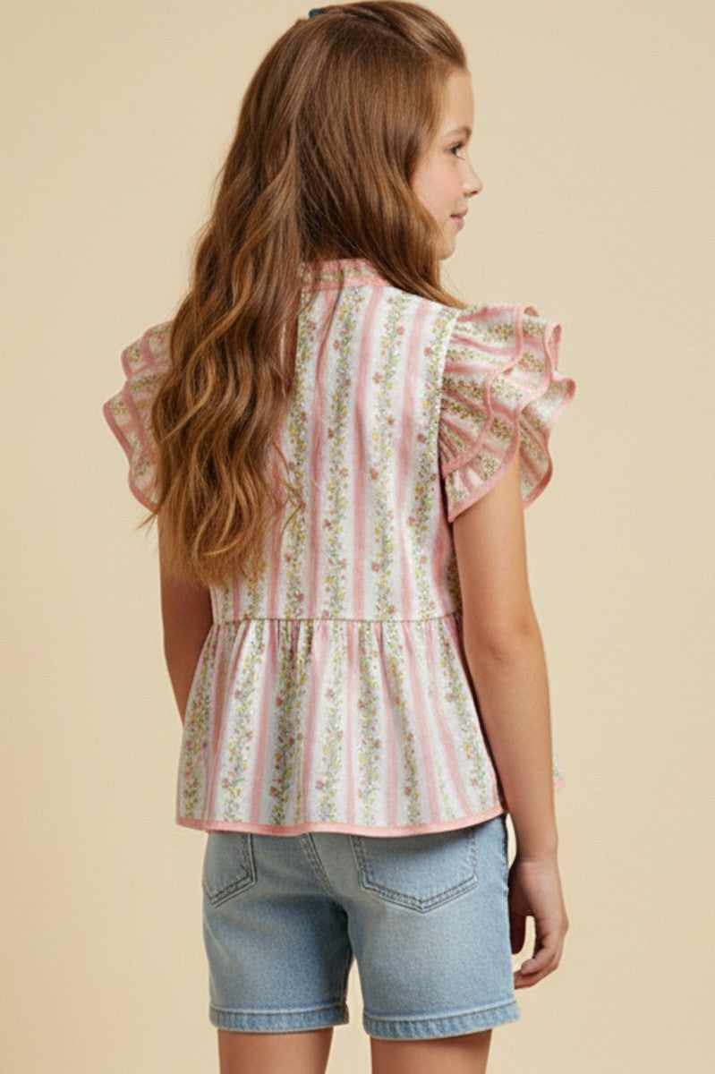 Girls Floral Ruffle Sleeve Top