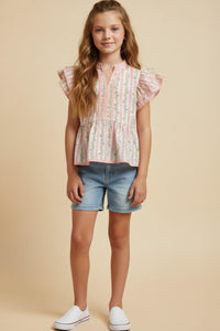 Girls Floral Ruffle Sleeve Top