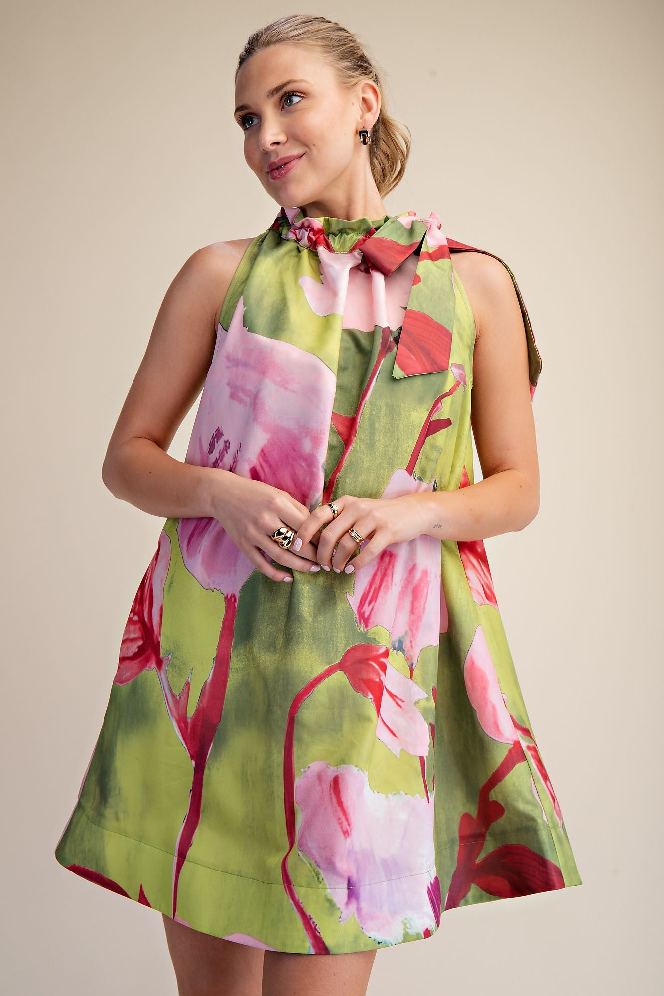 Ruffle Tie Neck Floral Dress