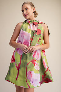 Ruffle Tie Neck Floral Dress