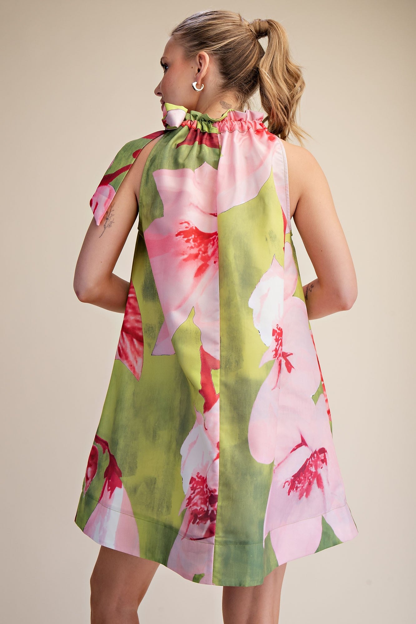 Ruffle Tie Neck Floral Dress