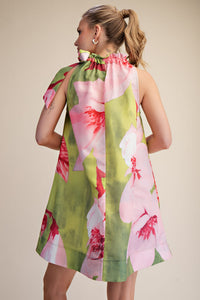 Ruffle Tie Neck Floral Dress
