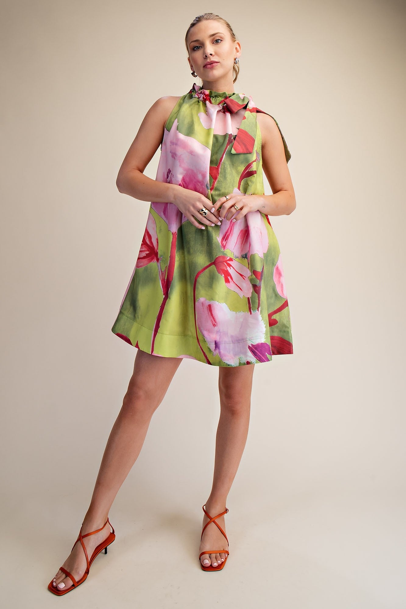 Ruffle Tie Neck Floral Dress