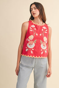 Floral Embroidered Scallop Tank