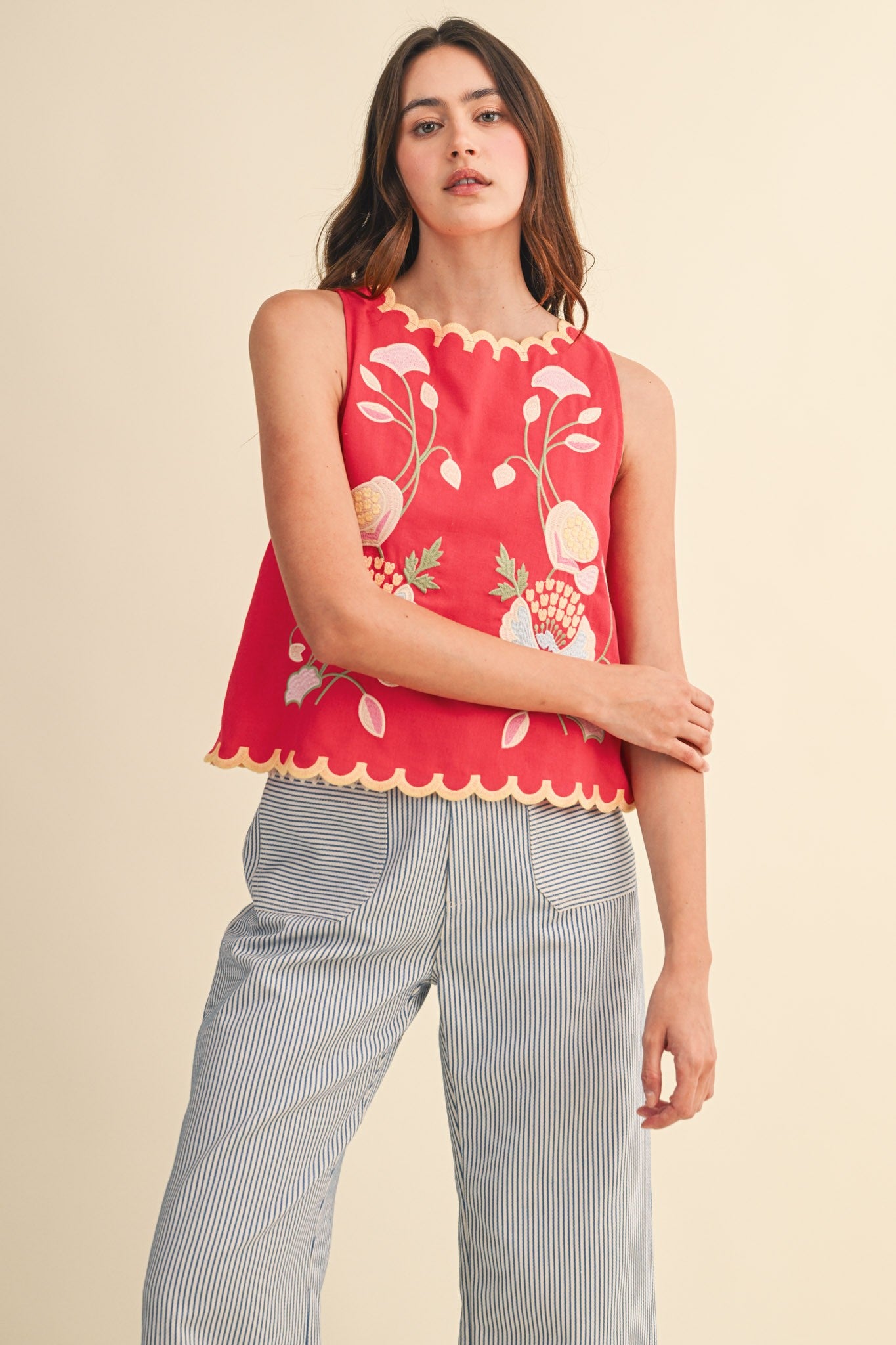 Floral Embroidered Scallop Tank