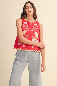 Floral Embroidered Scallop Tank