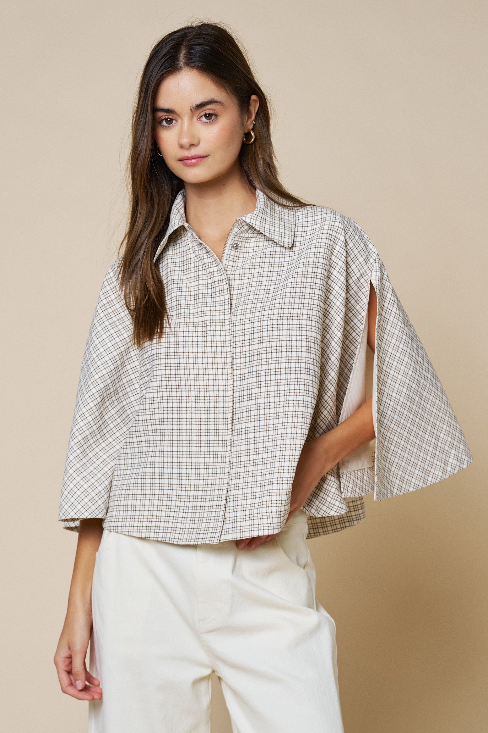 Plaid Collared Poncho Top