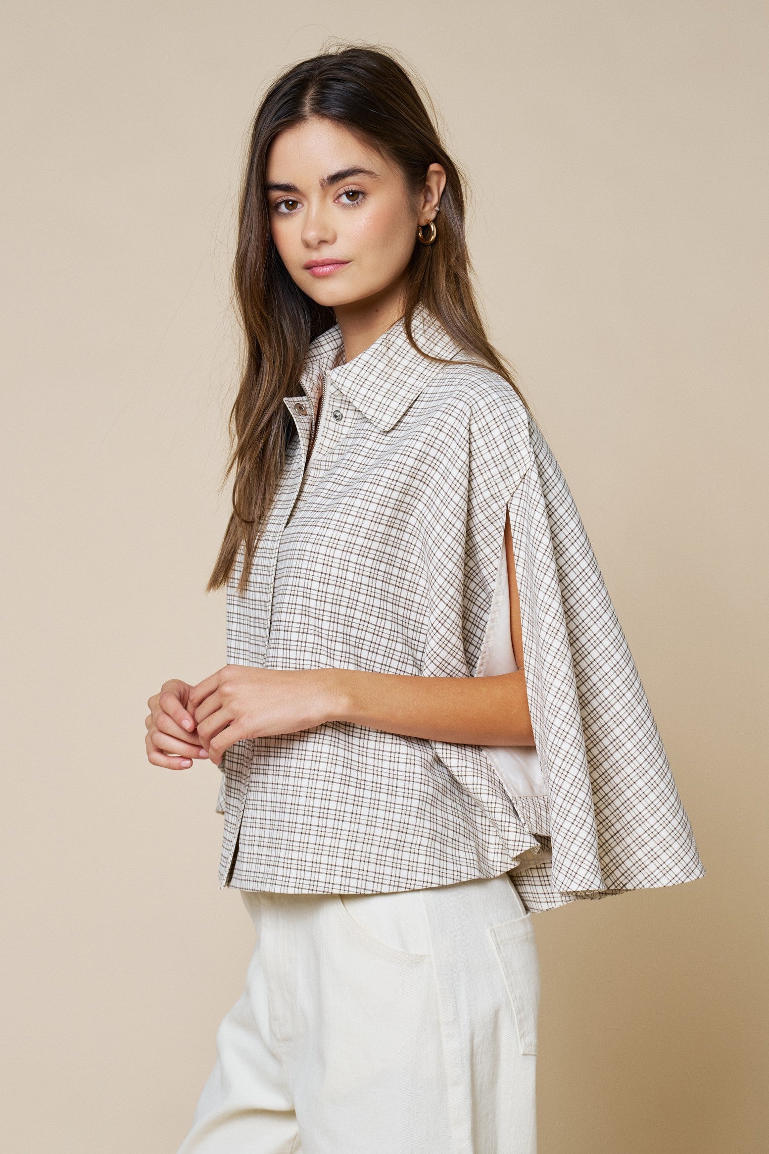 Plaid Collared Poncho Top