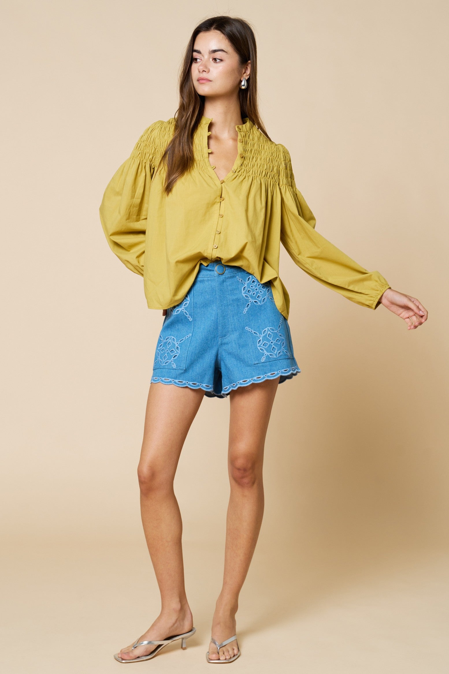 Smocked Bubble Sleeve Blouse