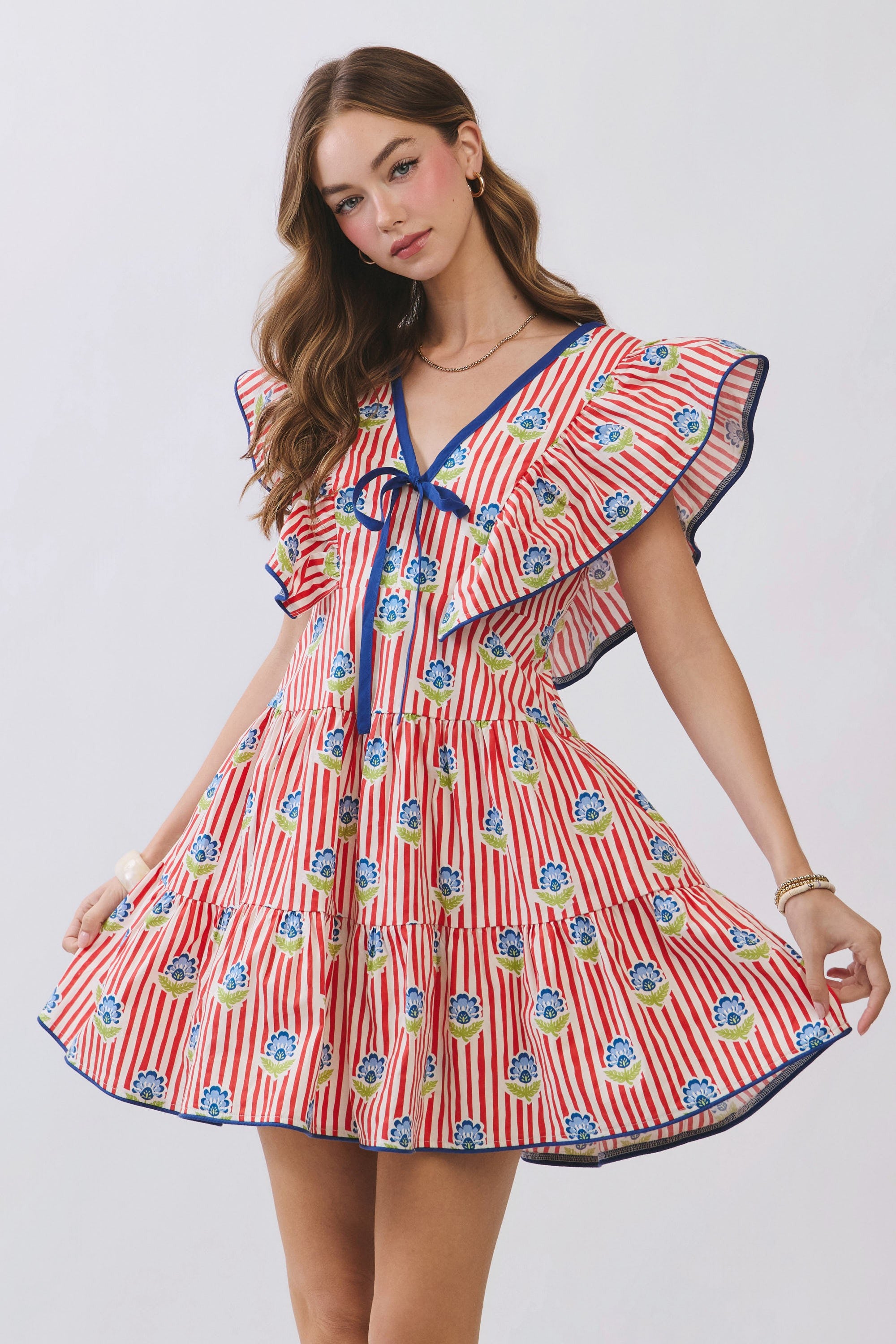 Striped Floral Flutter Sleeve Mini Dress