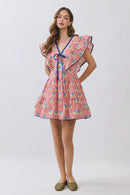 Striped Floral Flutter Sleeve Mini Dress