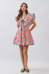 Striped Floral Flutter Sleeve Mini Dress
