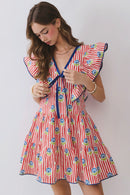 Striped Floral Flutter Sleeve Mini Dress