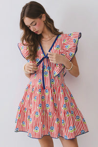 Striped Floral Flutter Sleeve Mini Dress