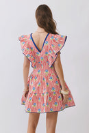 Striped Floral Flutter Sleeve Mini Dress